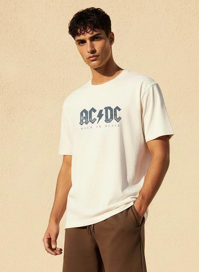 Men Crew Neck Short Sleeves ACDC Print T-shirt